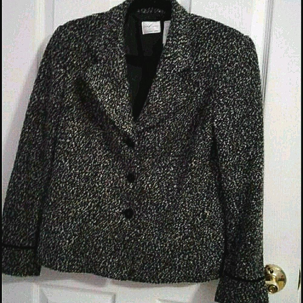 Emma James Black White Textured Long Sleeve Velvet Accents Career Blazer 10P